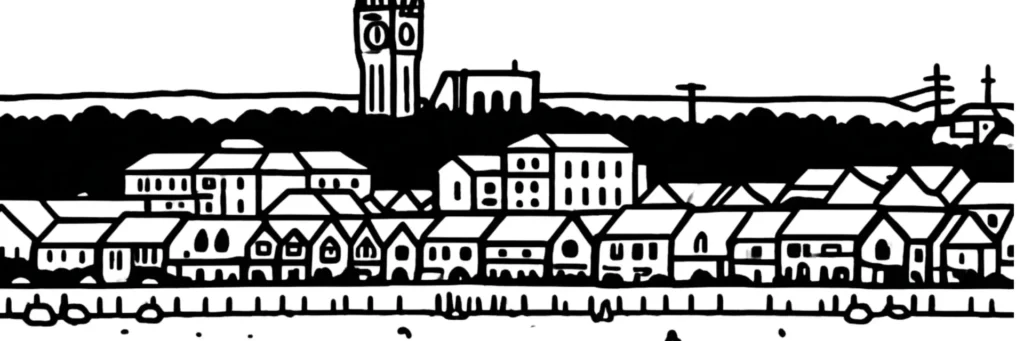 Vue de Calais, port transmanche de la côte d'Opale, illustration au trait