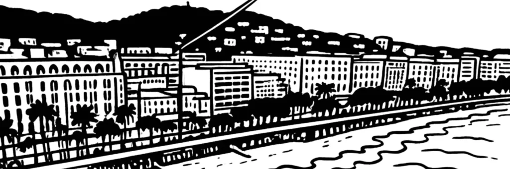 Vue de Cannes : le boulevard de la Croisette et ses palaces face à la Méditerranée, le Palais des Festivals et son tapis rouge, la vieille ville du Suquet coiffée de Notre-Dame-de-l'Espérance au-dessus du vieux port, les îles de Lérins au large et les collines résidentielles de la Californie et de la Croix des Gardes, illustration au trait