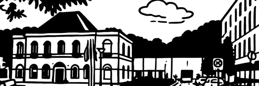 Le quartier du Loret au nord-est de Cenon : le domaine et le parc du Loret, ses équipements sportifs et ses espaces verts, les secteurs résidentiels de la Saraillère, de Ronceval et de la Seiglière, illustration au trait