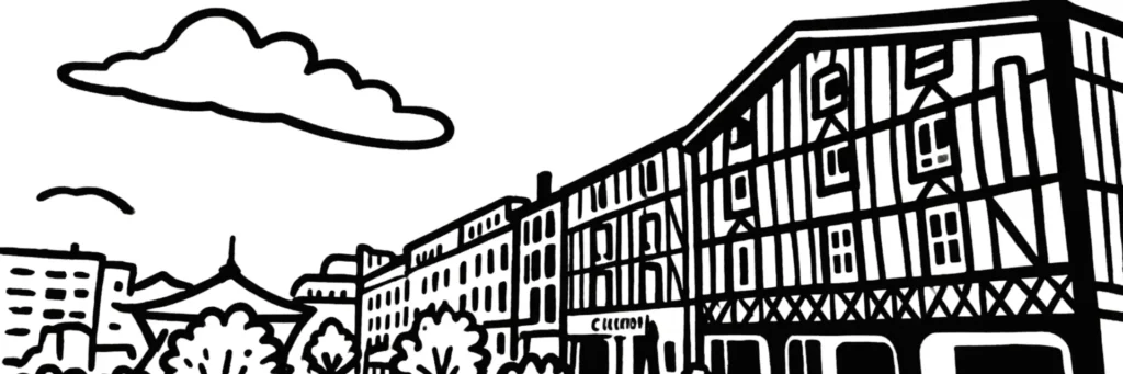 Le quartier Rive Gauche de Châlons-en-Champagne, la rive ouest du canal du Mau, le secteur de la gare, les immeubles en réhabilitation urbaine, les maisons de faubourg et les nouveaux aménagements, illustration au trait