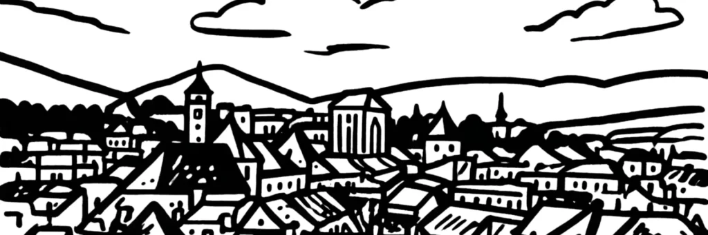 Illustration au trait du quartier de Bissy à l'ouest de Chambéry : l'ancien village, ses maisons et un secteur résidentiel proche des zones commerciales, illustration au trait