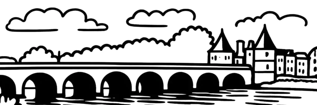Illustration au trait de Châtellerault, sur les bords de la Vienne : le pont Henri-IV, illustration au trait
