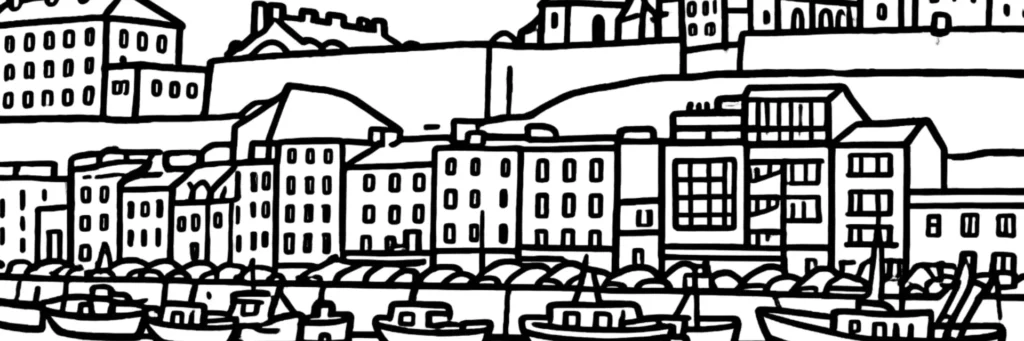 Vue du quartier de la Divette à Cherbourg-en-Cotentin, place de la Divette et boulevard Robert-Schuman au coeur de Cherbourg-Octeville, immeubles de centre-ville et commerces, illustration au trait.