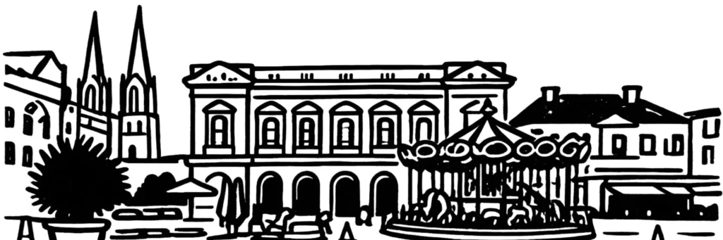 Illustration au trait de Cholet, sous-préfecture de Maine-et-Loire et capitale des Mauges, illustration au trait