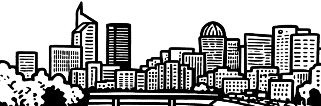 Le quartier de Bécon à Courbevoie, autour du parc de Bécon et de la gare Bécon-les-Bruyères sur la ligne Transilien L, les rues pavillonnaires et les immeubles de pierre, la limite d'Asnières au nord, illustration au trait