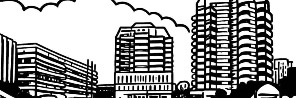 Le quartier Champeval à Créteil : la résidence Champeval, le secteur des Mèches, la proximité de l'hôpital Henri-Mondor, les immeubles et les rues résidentielles du nord de la commune, illustration au trait