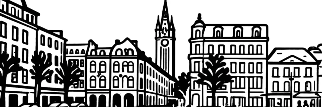 Illustration au trait de Douai, sous-préfecture du Nord : le beffroi classé UNESCO et son carillon, illustration au trait