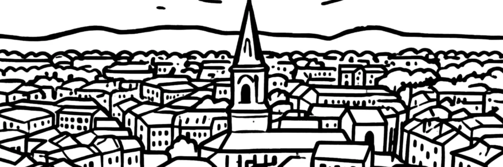 Le quartier des Collettes au nord de Draguignan : les coteaux (couleto en provençal), la piscine Henri Giran, les immeubles et les maisons du secteur, illustration au trait