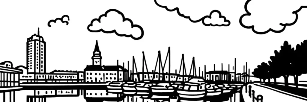 Vue de Dunkerque, 3e port de France sur la mer du Nord, illustration au trait