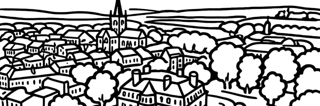 Le Centre d'Épernay autour de l'avenue de Champagne : les maisons de négoce, les caves de champagne, la gare d'Épernay, l'hôtel de ville et son parc, les rues commerçantes, illustration au trait