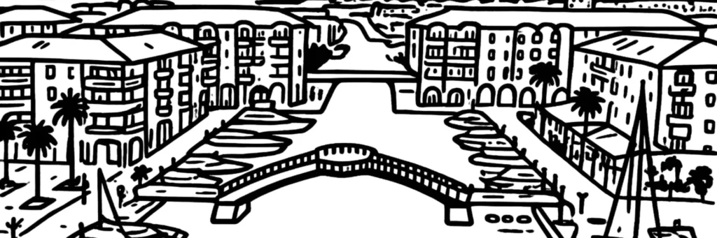 Le quartier de Caïs à Fréjus, secteur résidentiel et périphérique au nord-ouest de la ville, ses maisons et ses lotissements, la vallée du Reyran, les traces de l'ancien quartier militaire et les collines de l'arrière-pays, illustration au trait