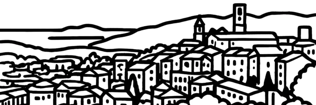 Le quartier Saint-Mathieu à Grasse, secteur résidentiel de collines du nord-ouest, les villas et les jardins en terrasses, la route de Saint-Mathieu et les vues sur l'arrière-pays, illustration au trait