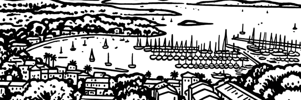 La presqu'île de Giens à Hyères, le village perché de Giens, le port du Niel dans sa calanque, la Tour Fondue et l'embarcadère pour Porquerolles, les criques et les plages de la presqu'île entre les deux tombolos, illustration au trait