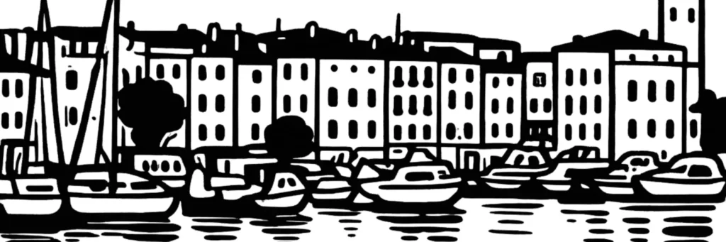 Le quartier Les Matagots au nord-ouest de La Ciotat : les secteurs résidentiels et familiaux vers La Maurelle et Le Baguier, les maisons, lotissements et résidences, entre habitat à l'année et calme, illustration au trait