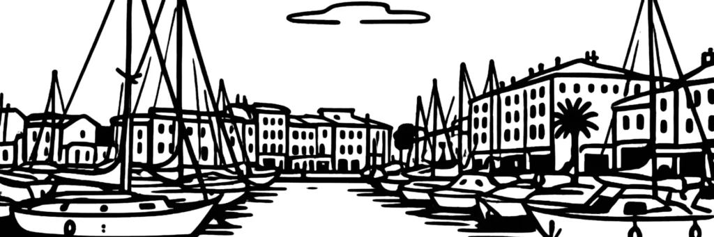 Le quartier de Berthe à La Seyne-sur-Mer, grand ensemble du nord de la commune en rénovation urbaine, les immeubles réhabilités, les nouveaux espaces verts et la proximité du centre-ville, illustration au trait