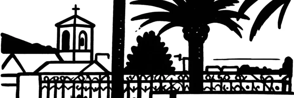 Le quartier de l'Aubarède au Cannet, secteur résidentiel du sud-ouest de la commune, le complexe sportif et événementiel La Palestre, maisons et résidences de coteau, illustration au trait