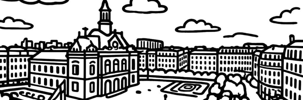 Le quartier Eiffel à Levallois-Perret, à l'est de la commune vers la Porte d'Asnières, la ZAC Gustave Eiffel, le centre commercial So Ouest et la mémoire des ateliers Eiffel, illustration au trait