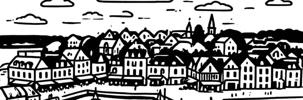 Illustration au trait de Lorient, sous-préfecture du Morbihan : la rade et le port de pêche de Keroman, illustration au trait