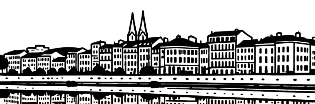 Illustration au trait de Mâcon, sur la rive ouest de la Saône : le quai Lamartine, illustration au trait
