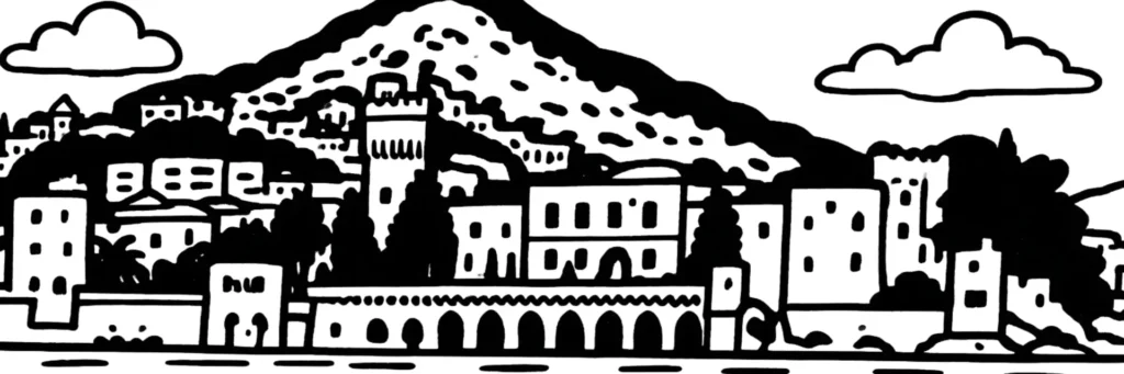 Le quartier Capitou au nord-ouest de Mandelieu-la-Napoule : le village de Capitou sur les collines, sa place et son église, les immeubles, domaines privés et maisons de ville, entre commerces de proximité et nature, illustration au trait