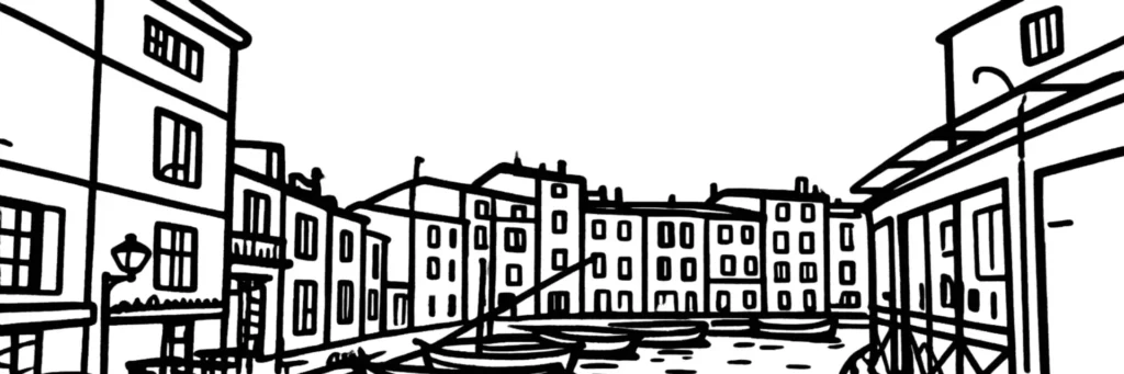 Illustration au trait de Martigues, sur l'étang de Berre et le canal de Caronte, illustration au trait