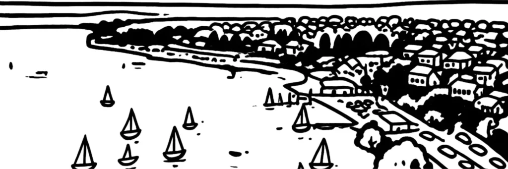 Illustration au trait de Meyzieu, commune de l'est de la métropole de Lyon : le centre et sa mairie, illustration au trait