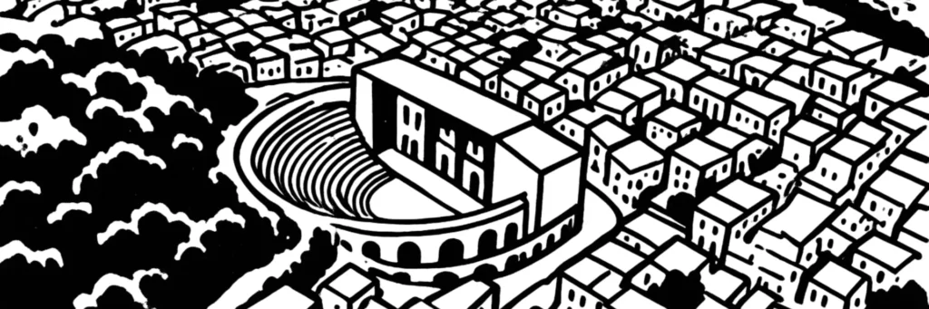 Illustration au trait d'Orange, dans la vallée du Rhône : le mur de scène du théâtre antique, illustration au trait