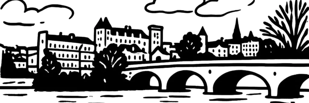 La Rive Gauche du gave à Pau : le secteur de la Croix du Prince sur la rive gauche du gave de Pau, ses maisons et petits immeubles, la vue sur la ville haute et le château, illustration au trait