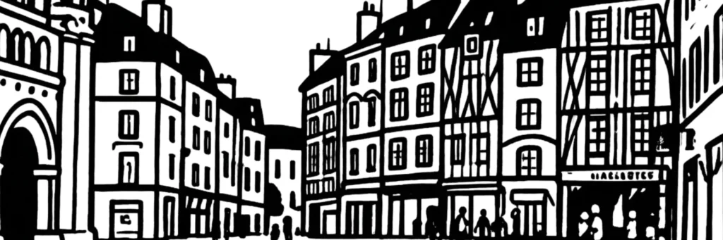 Illustration au trait du secteur de Chilvert au sud de Poitiers, avec la rue de Chilvert, un tissu pavillonnaire de maisons individuelles et de petits collectifs, dans un environnement calme et résidentiel, illustration au trait