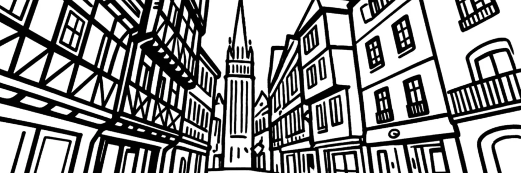 Illustration au trait du quartier de La Forêt-Cuzon à l'est de Quimper, secteur résidentiel verdoyant au-delà du ruisseau du Frout, habitat pavillonnaire dans un cadre naturel, illustration au trait