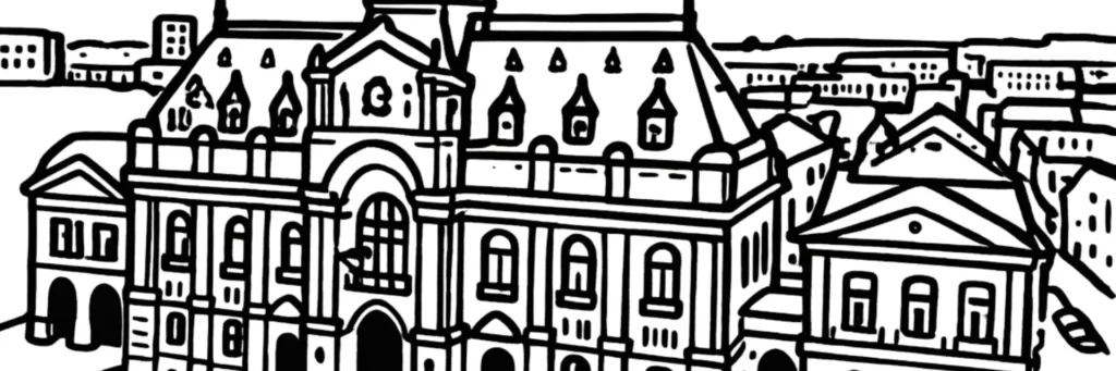 Le quartier Fresnoy au nord-ouest de Roubaix : la rue du Fresnoy, le secteur multiculturel des rues italiennes, les maisons de ville en brique, la proximité de la Mackellerie, un quartier populaire et résidentiel, illustration au trait