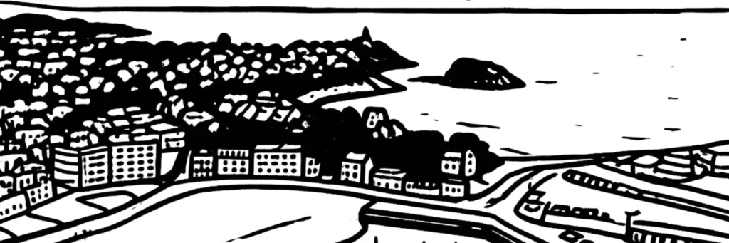 Illustration au trait de Saint-Brieuc, préfecture des Côtes-d'Armor au fond de sa baie, illustration au trait