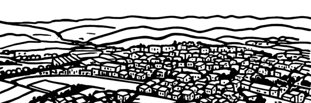 Illustration au trait de Saint-Chamond, dans la vallée du Gier : son centre ancien, son clocher, illustration au trait