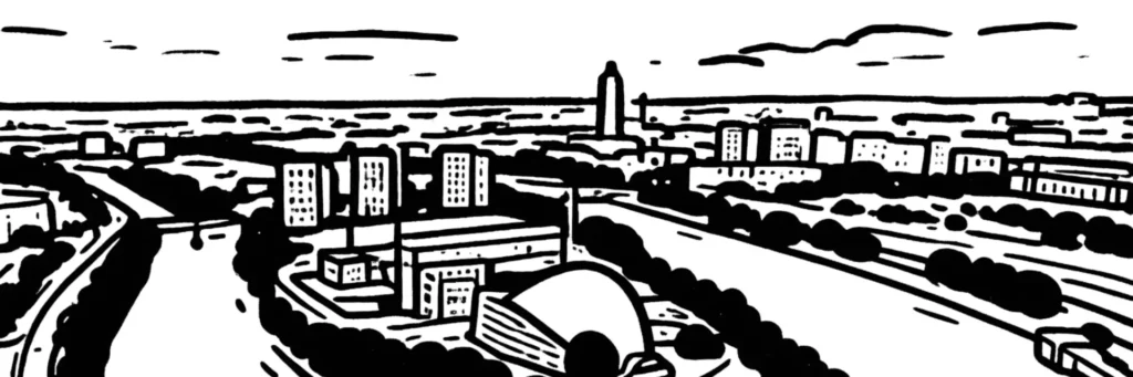 Le quartier Gare à Saint-Denis : la gare de Saint-Denis desservie par le RER D et le Transilien H, le quartier de la République, les tramways T1 et T8, les rues commerçantes autour de la gare, coeur urbain de la commune, illustration au trait