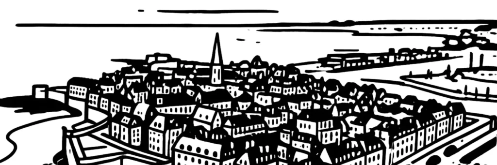 Le quartier de Saint-Servan à Saint-Malo, la tour Solidor à l'embouchure de la Rance, la cité d'Alet et son fort, le port des Sablons et les rues de l'ancienne ville, esprit village, illustration au trait