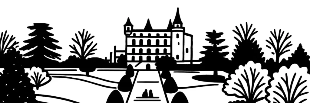Illustration au trait de Saint-Priest, dans la Métropole de Lyon : le château du Village et ses halles, illustration au trait