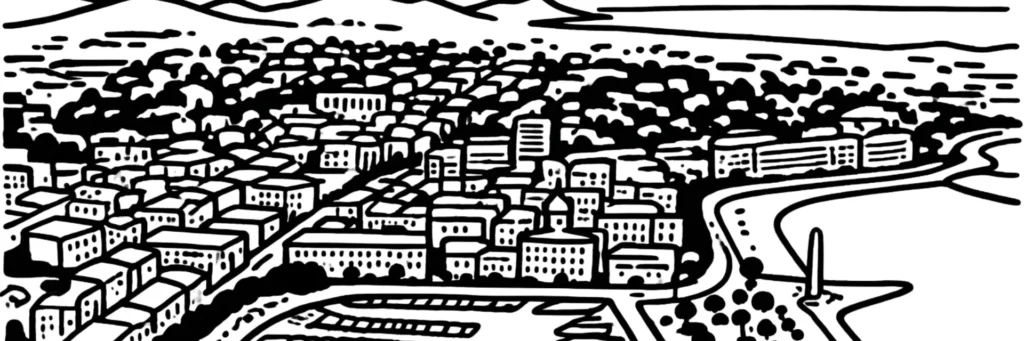 Le quartier Peyron à Saint-Raphaël, les villas et résidences du secteur résidentiel nord-central, la chapelle Saint-Sébastien, les collines douces et la ville vers la mer, illustration au trait