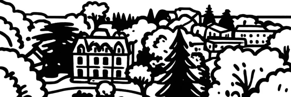 Le quartier de Beaunant à Sainte-Foy-lès-Lyon : le bas de la commune vers l'Yzeron, l'aqueduc du Gier et son pont-siphon, le marché de la Gravière, les immeubles et maisons, un secteur résidentiel abordable, illustration au trait