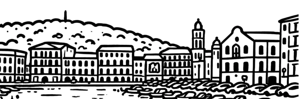 Le quartier de Château Vert à Sète, au nord de la presqu'île, ses immeubles résidentiels et son habitat plus abordable, à l'écart du centre et du littoral, illustration au trait
