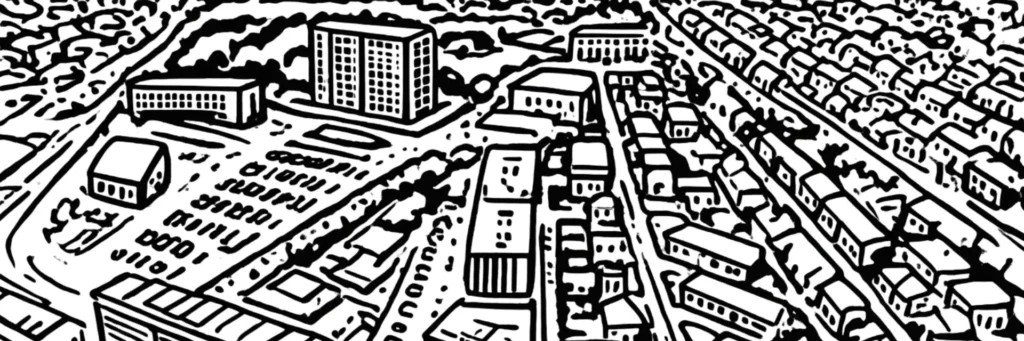 Illustration au trait de Sotteville-lès-Rouen, rive gauche de la Seine, illustration au trait