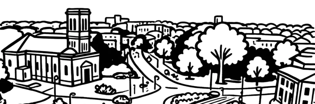 Le quartier du Lycée à Talence : le lycée de Talence, ses rues résidentielles et ses immeubles, dans un secteur de l'ouest de la commune, illustration au trait