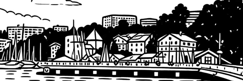 Illustration au trait de Thonon-les-Bains, sous-préfecture de Haute-Savoie sur la rive sud du lac, illustration au trait