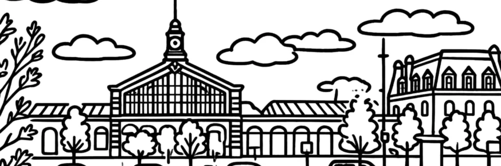 Le quartier de la Gare à Tourcoing : la gare de Tourcoing desservie par le réseau régional, les rues et les immeubles autour de la gare, un secteur urbain au sud du centre-ville, illustration au trait