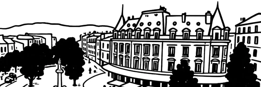 Vue du quartier du Grand Charran à l'est de Valence dans la Drôme, secteur résidentiel calme mêlant immeubles et maisons, parc de promenade et écoles à proximité, illustration au trait.