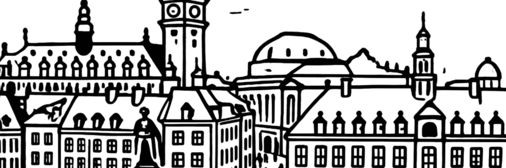 Illustration au trait de Valenciennes, dans le Nord : la Place d'Armes, illustration au trait