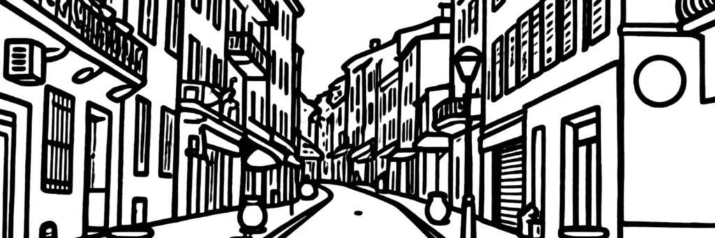 Le quartier Gabelle à Vallauris : les secteurs de Gabelle, Courcettes et Les Clos, entre le bord de mer de Golfe-Juan et le village perché, ses immeubles et ses maisons sur les coteaux, illustration au trait