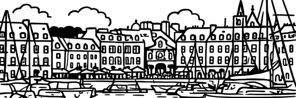 Illustration au trait de Vannes, préfecture du Morbihan : la vieille ville fortifiée Intra-Muros, illustration au trait