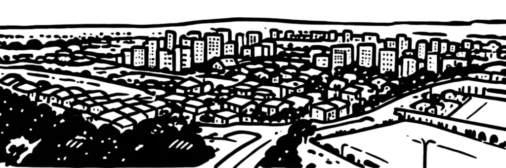 Illustration au trait de Vaulx-en-Velin, dans la Métropole de Lyon, illustration au trait