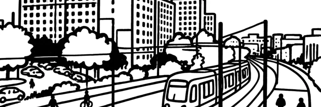 Vue du secteur Georges Lévy au centre-est de Vénissieux, immeubles et logements récents le long de l'avenue du Docteur Georges Lévy, à proximité du secteur Démocratie et du tram, illustration au trait.