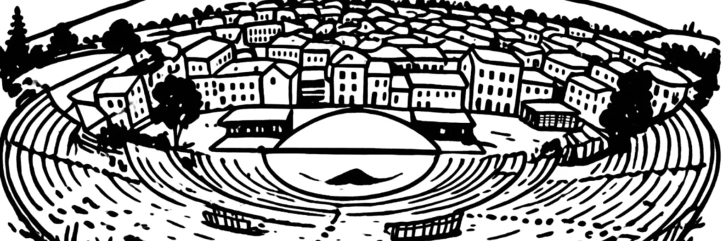 Illustration au trait de Vienne, sur le Rhône : le théâtre antique adossé au mont Pipet, illustration au trait